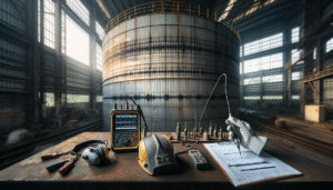 Technician performing ultrasonic NDT inspection on a chemical storage tank wall, following a gas leak incident, with API 653 standard visible.