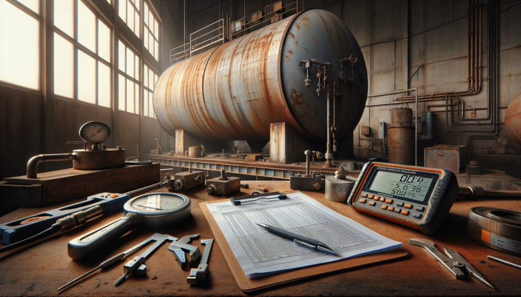 Weathered steel biofuel storage tank undergoing ASTM standard inspection with ultrasonic gauges and calipers in an Indonesian industrial facility.