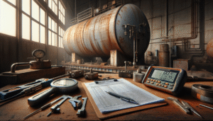 Weathered steel biofuel storage tank undergoing ASTM standard inspection with ultrasonic gauges and calipers in an Indonesian industrial facility.