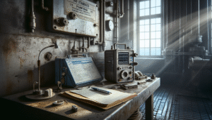 Portable ultrasonic testing device on a workbench for hydroelectric generator inspection, following ISO procedures in an authentic power plant setting.