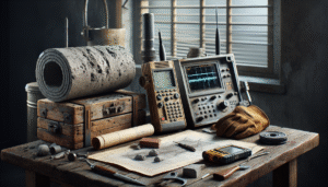 Geotechnical engineer's workspace with concrete core sample and ground-penetrating radar equipment for SNI beton integration.