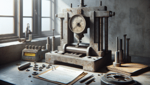 Weathered concrete compression testing machine with calibration certificate and tools in a petrochemical laboratory, for accurate calibration and maintenance.