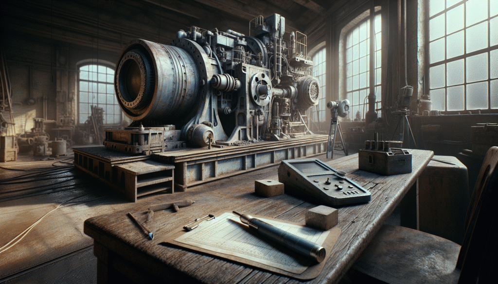 Weathered mining equipment metal structure showing fatigue and corrosion, with ultrasonic testing tools on a workbench for preventing structural failure.