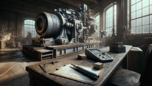 Weathered mining equipment metal structure showing fatigue and corrosion, with ultrasonic testing tools on a workbench for preventing structural failure.