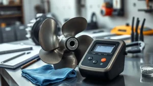 Expert examining worn impeller blades with portable hardness tester on workshop bench, abrasive fluid pump durability testing for abrasion resistance.