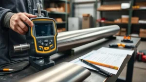 Inspeksi ketebalan pipa migas menggunakan ultrasonic thickness gauge oleh teknisi di meja kerja industri.