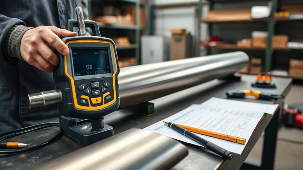 Inspeksi ketebalan pipa migas menggunakan ultrasonic thickness gauge oleh teknisi di meja kerja industri.