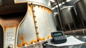 Corroded welded seam on a metal silo wall with rust spots, inspected by an ultrasonic thickness gauge and logbook in tropical industrial setting
