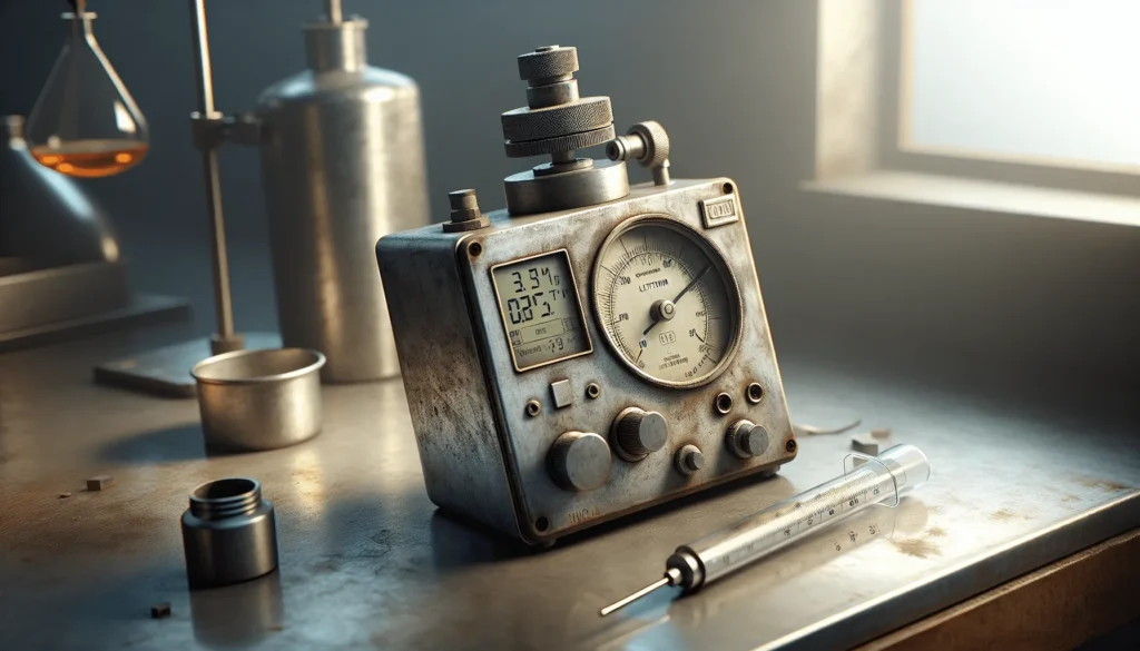 Weathered UT-1M thickness gauge on a calibration block with temperature probe and chemical-resistant case in an industrial lab, demonstrating environmental factors affecting accuracy.