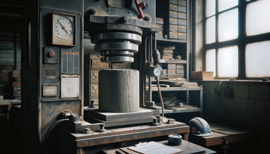 Close-up of a concrete cylinder undergoing compression testing in a laboratory, ensuring material strength for safe BBM and LPG infrastructure, with SNI and ASTM manuals visible.