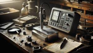 Ultrasonic hardness tester measuring a worn hard chrome-plated steel sample on a metallurgy workbench.