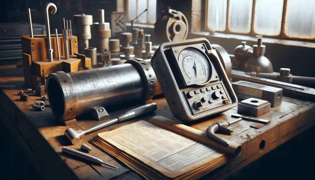 Ultrasonic thickness gauge measuring a curved metal pipe in an authentic industrial workshop setting.