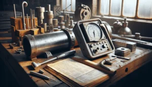 Ultrasonic thickness gauge measuring a curved metal pipe in an authentic industrial workshop setting.