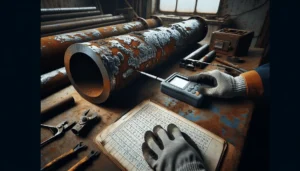 Technician using an ultrasonic thickness gauge to measure remaining wall thickness on a corroded steel pipe in an industrial inspection.