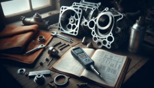 Mechanic using an ultrasonic thickness gauge to measure a diesel engine cylinder liner and turbocharger housing after repair.