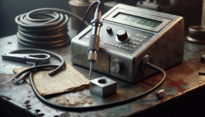 Close-up of a NOVOTEST T-UD2 ultrasonic hardness tester measuring a steel calibration block on a workshop bench, demonstrating the UCI method for non-destructive hardness testing.