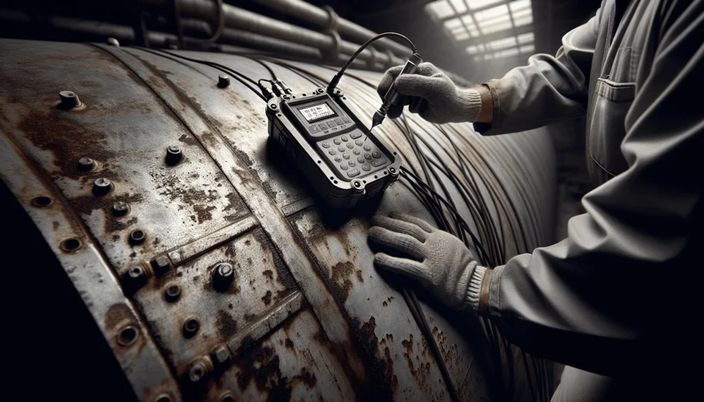 Technician using an ultrasonic thickness gauge to monitor the weathered steel wall of a biofuel storage tank.
