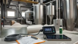 Teknisi NDT memeriksa ketebalan pipa dan silo pabrik tepung menggunakan ultrasonic thickness gauge untuk deteksi kebocoran