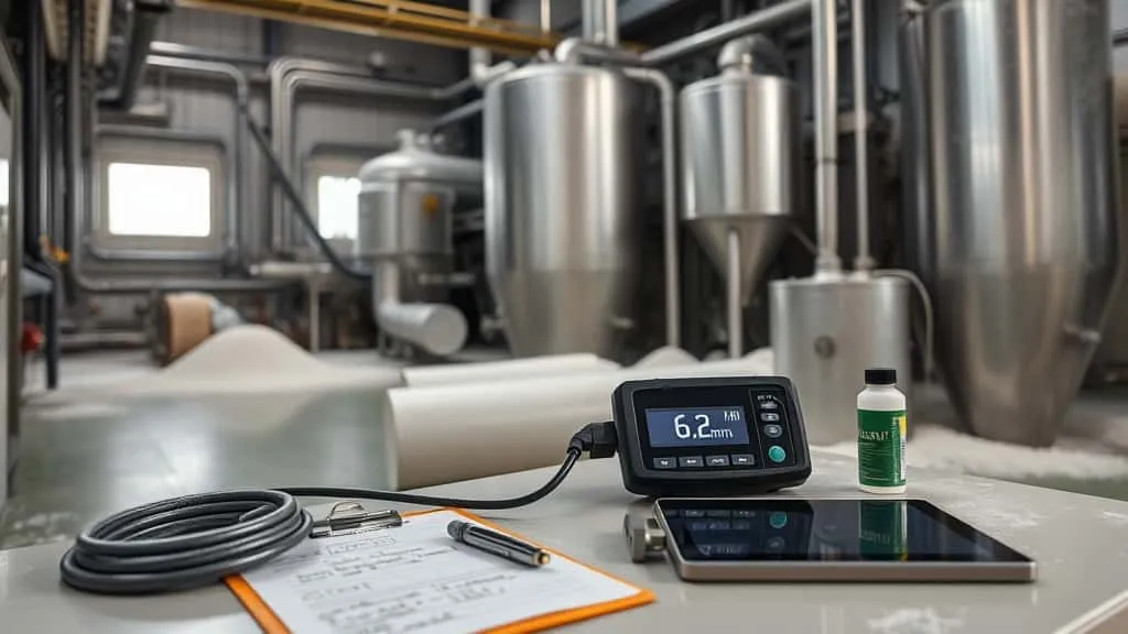 Teknisi NDT memeriksa ketebalan pipa dan silo pabrik tepung menggunakan ultrasonic thickness gauge untuk deteksi kebocoran
