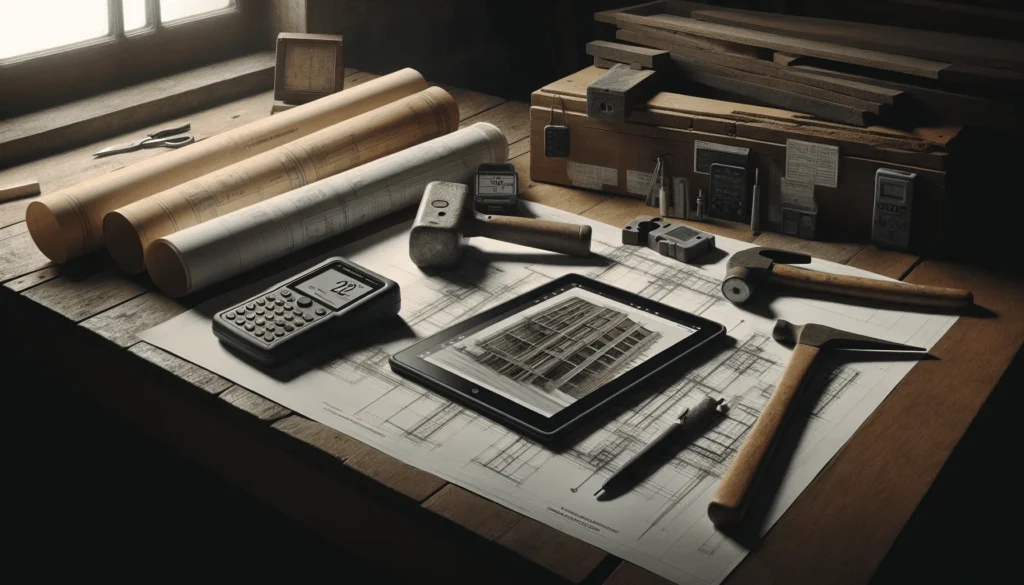 A structural engineer in Indonesia reviews NDT equipment and schematics for a wide-span building audit on a weathered wooden desk.