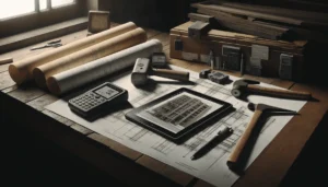 A structural engineer in Indonesia reviews NDT equipment and schematics for a wide-span building audit on a weathered wooden desk.