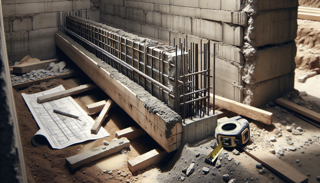 Balok latei beton terpasang di dinding bata dengan rebar, alat ukur, menyoroti desain dan standar SNI.