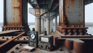 Portable hardness tester on aged bridge steel, assessing integrity to prevent failure & ensure lifespan.