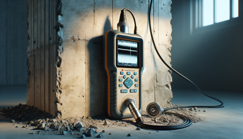 Ultrasonic Flaw Detector probe making contact with a weathered concrete beam for inspeksi beton.