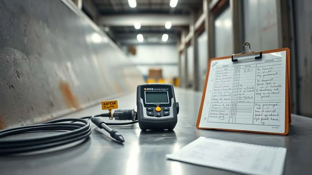 Perangkat ultrasonic thickness gauge diletakkan di atas permukaan baja chute industri dengan probe dan blok uji, digunakan untuk panduan inspeksi ketebalan perawatan preventif conveyor belt dan chute.