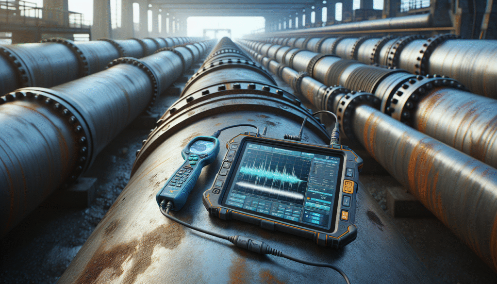 Inspeksi pipa migas: Hardness tester dan NDT probe di pipa usang, terhubung ke tablet data.