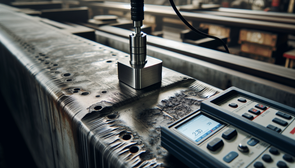 Alat inspeksi ultrasonik baja profesional dengan probe di balok baja, siap untuk optimalisasi produksi.