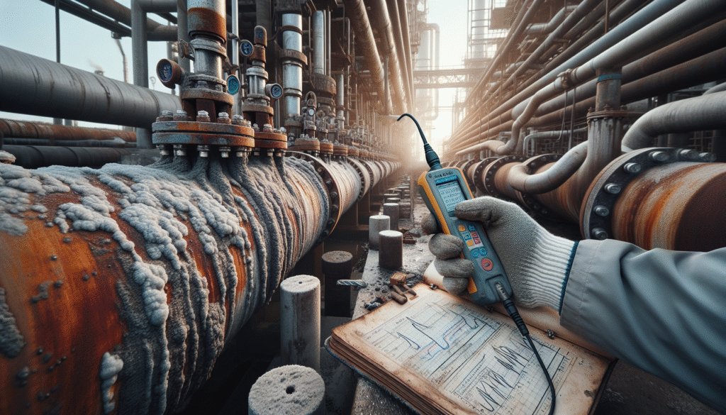 Technician using an ultrasonic testing device to inspect corroded geothermal plant piping for reliability.