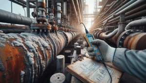 Technician using an ultrasonic testing device to inspect corroded geothermal plant piping for reliability.