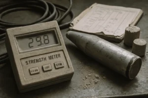 Workbench with concrete-dusted Strength Meter, scuffed Schmidt hammer, coiled cables, torn data log book, and small concrete cores in soft natural window light, representing concrete strength integration.