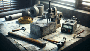 Alat inspeksi beton (rebound hammer, rebar scanner) di depan struktur beton retak, fokus pada kinerja dan durabilitas.