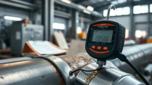 Panduan lengkap pengukuran ketebalan pipa migas standar ASTM dan ASME dengan thickness gauge digital di lingkungan industri.