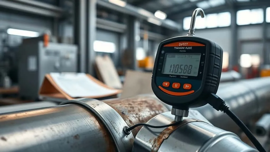 Panduan lengkap pengukuran ketebalan pipa migas standar ASTM dan ASME dengan thickness gauge digital di lingkungan industri.