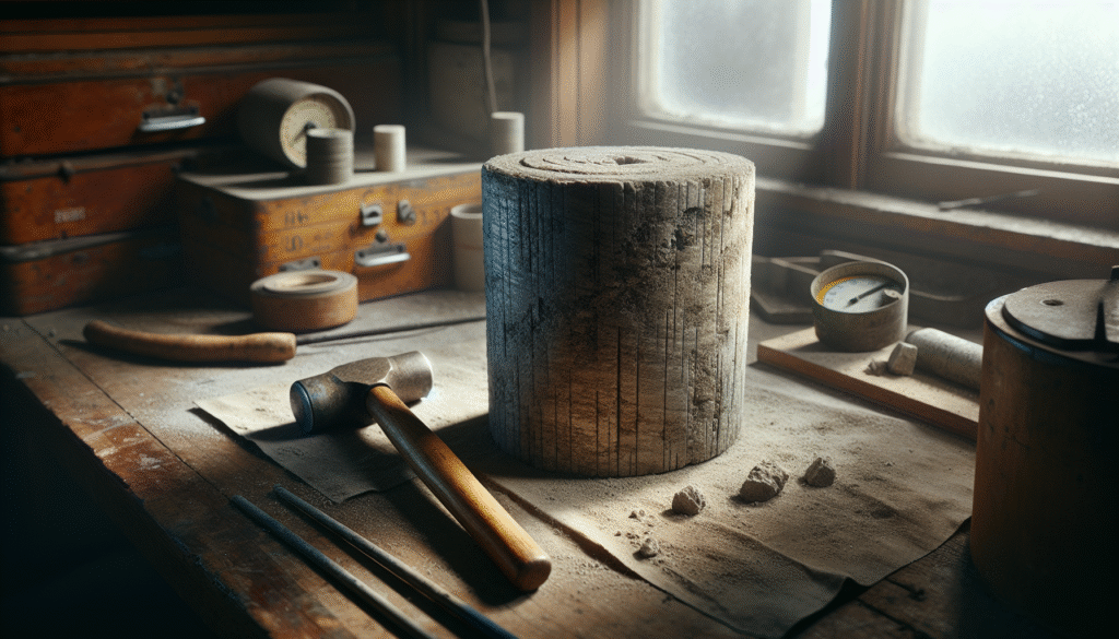 Beton inti SNI sampel retak di laboratorium tambang dengan alat geologi, siap untuk pengujian.