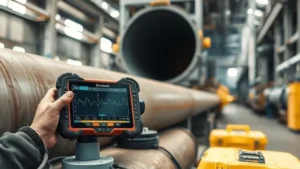 Teknisi melakukan pengukuran ketebalan dinding pipa baja besar menggunakan alat ukur ketebalan ultrasonik portabel di fasilitas bulk material handling industri.