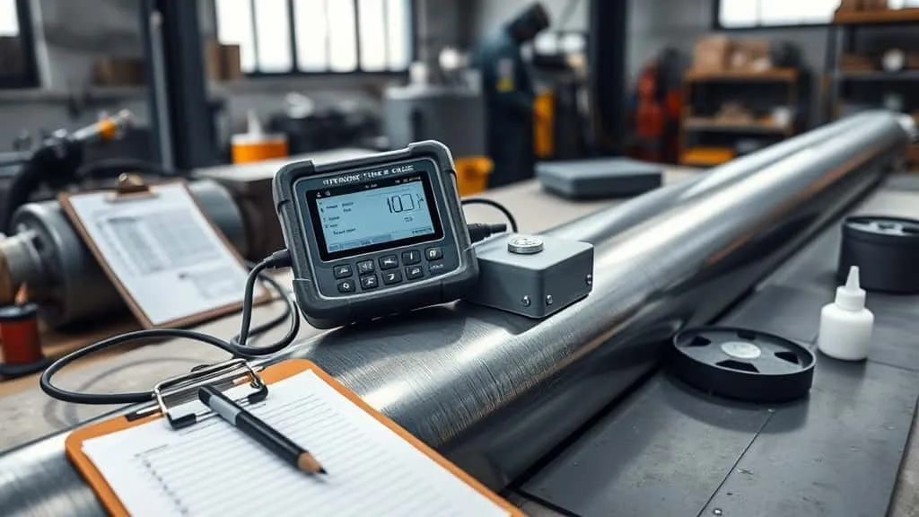 Panduan memilih alat ukur ketebalan ultrasonik inspeksi LEMIGAS, dengan gauge digital dan probe di atas permukaan pipa logam.