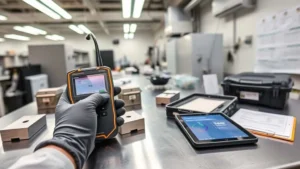 Tangan bersarung mengoperasikan alat ukur ketebalan ultrasonik digital pada pipa logam di laboratorium lingkungan untuk panduan K3.