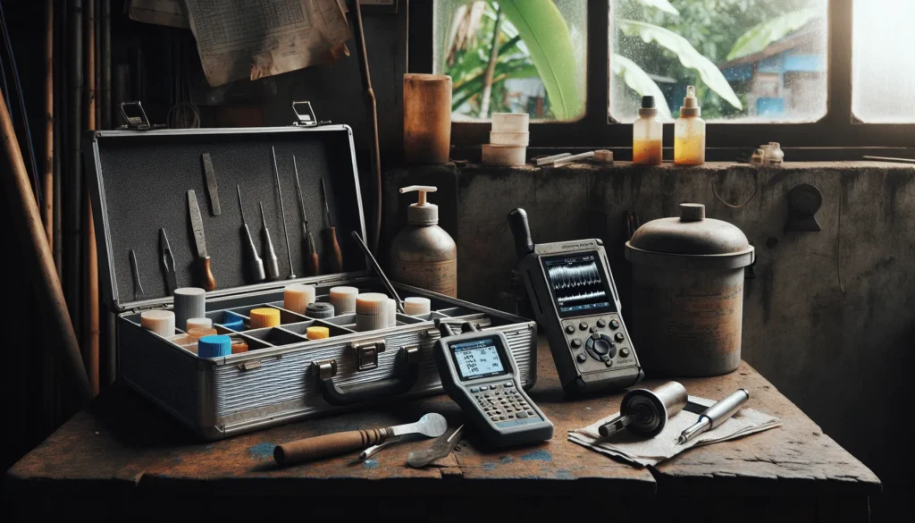 Weathered aluminum case open on a wooden workbench, displaying ultrasonic couplant gels and pastes alongside a portable flaw detector and probe, prepared for field testing in Indonesia's humid outdoor conditions.