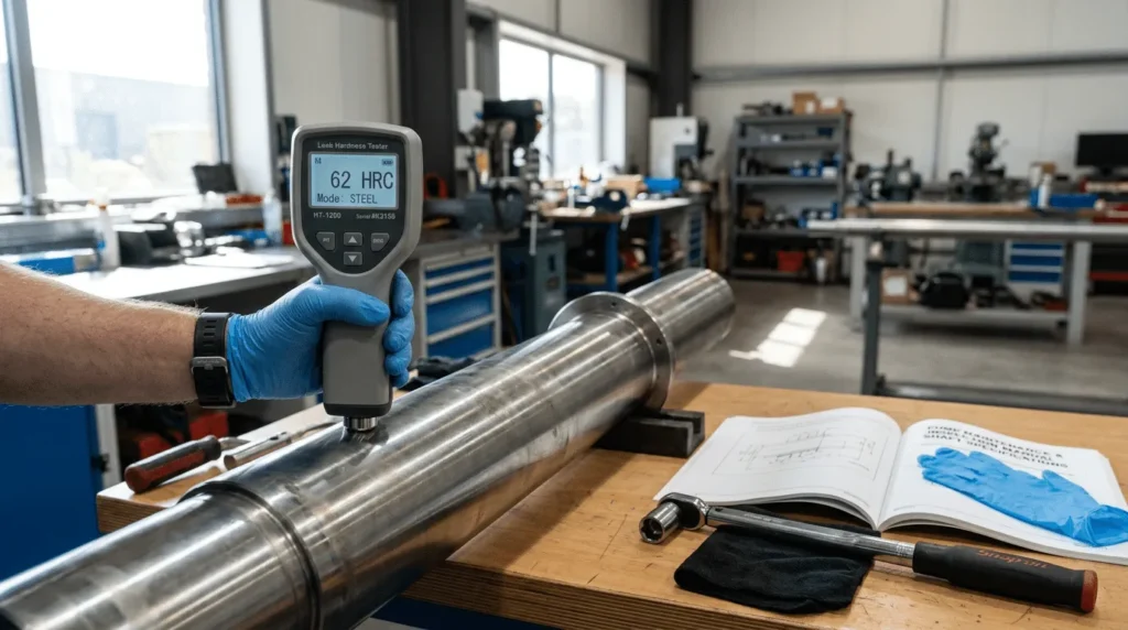 Portable hardness tester on metal pump shaft with digital reading in industrial workshop.