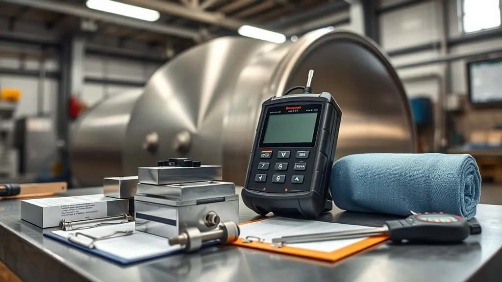 Portable hardness tester on pressure vessel wall with probe tip on metal surface, display screen showing measurement, calibration blocks and inspection clipboard nearby in industrial workshop.