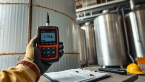Inspeksi ketebalan dinding silo tangki penyimpanan menggunakan ultrasonic thickness gauge di pabrik tepung.