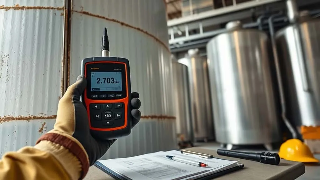 Inspeksi ketebalan dinding silo tangki penyimpanan menggunakan ultrasonic thickness gauge di pabrik tepung.