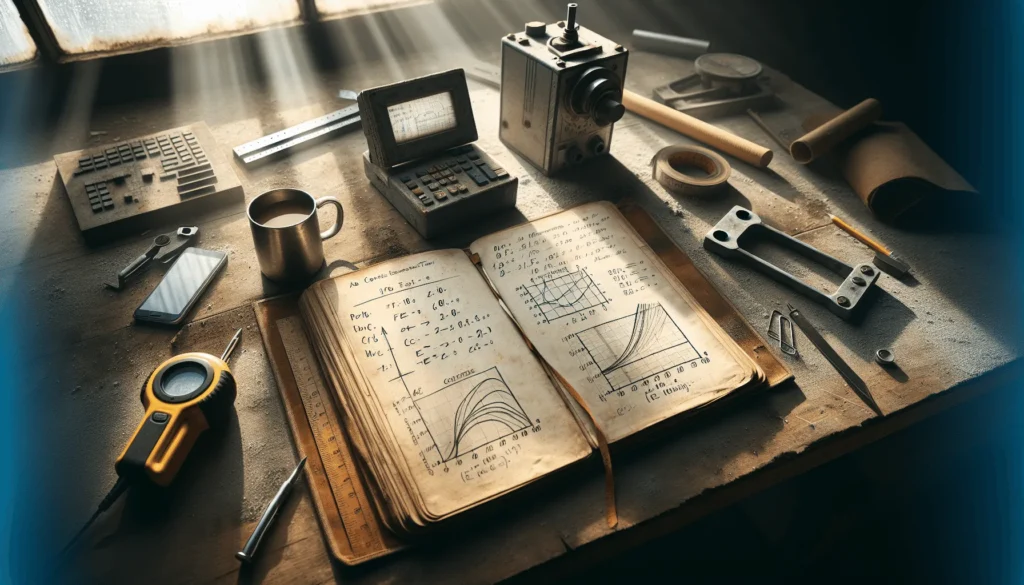 Weathered engineer's notebook on a construction site with hand-drawn concrete stress-strain diagrams and calculations for f'c and Ec values, illustrating critical parameters for light steel roof construction.
