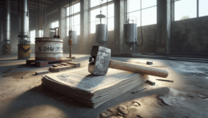 Weathered concrete testing hammer and SNI 2847:2019 documents on a matte concrete surface at a fuel terminal, illustrating SNI beton penerapan dan pengujian.