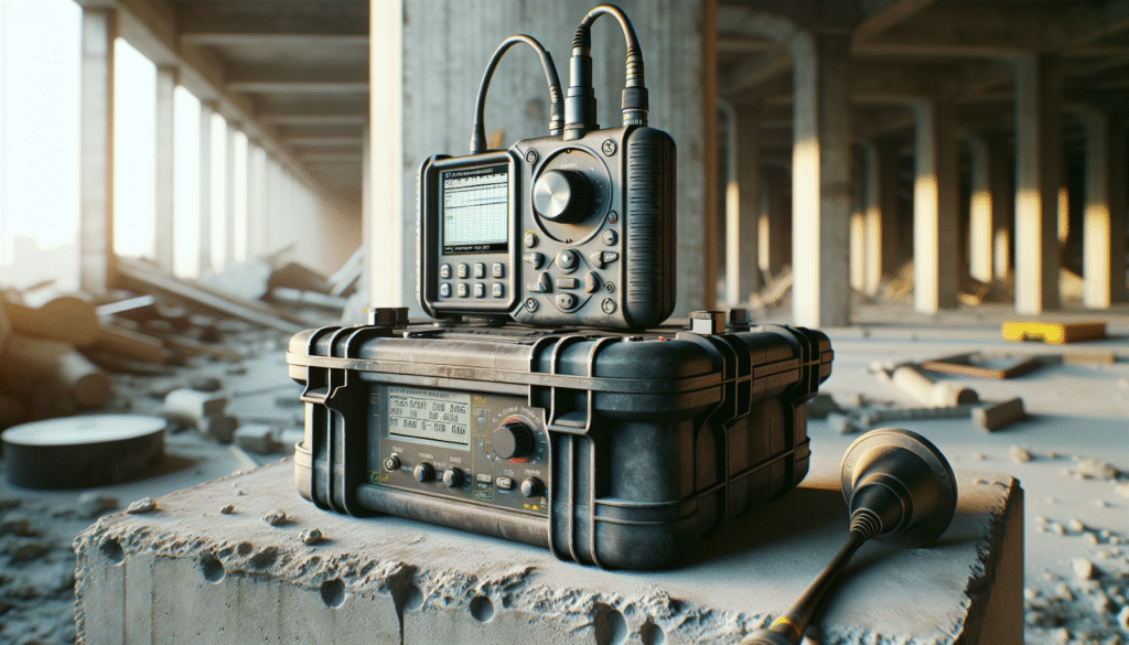 Alat pengujian ultrasonik beton (UPV) profesional di atas struktur beton bertekstur di lokasi inspeksi.