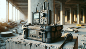 Alat pengujian ultrasonik beton (UPV) profesional di atas struktur beton bertekstur di lokasi inspeksi.